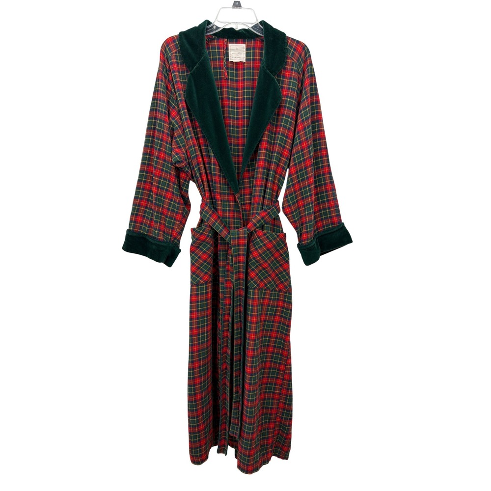 Vintage Victorias Secret Country Plaid Flannel Robe Velvet Trim Red Green M/L